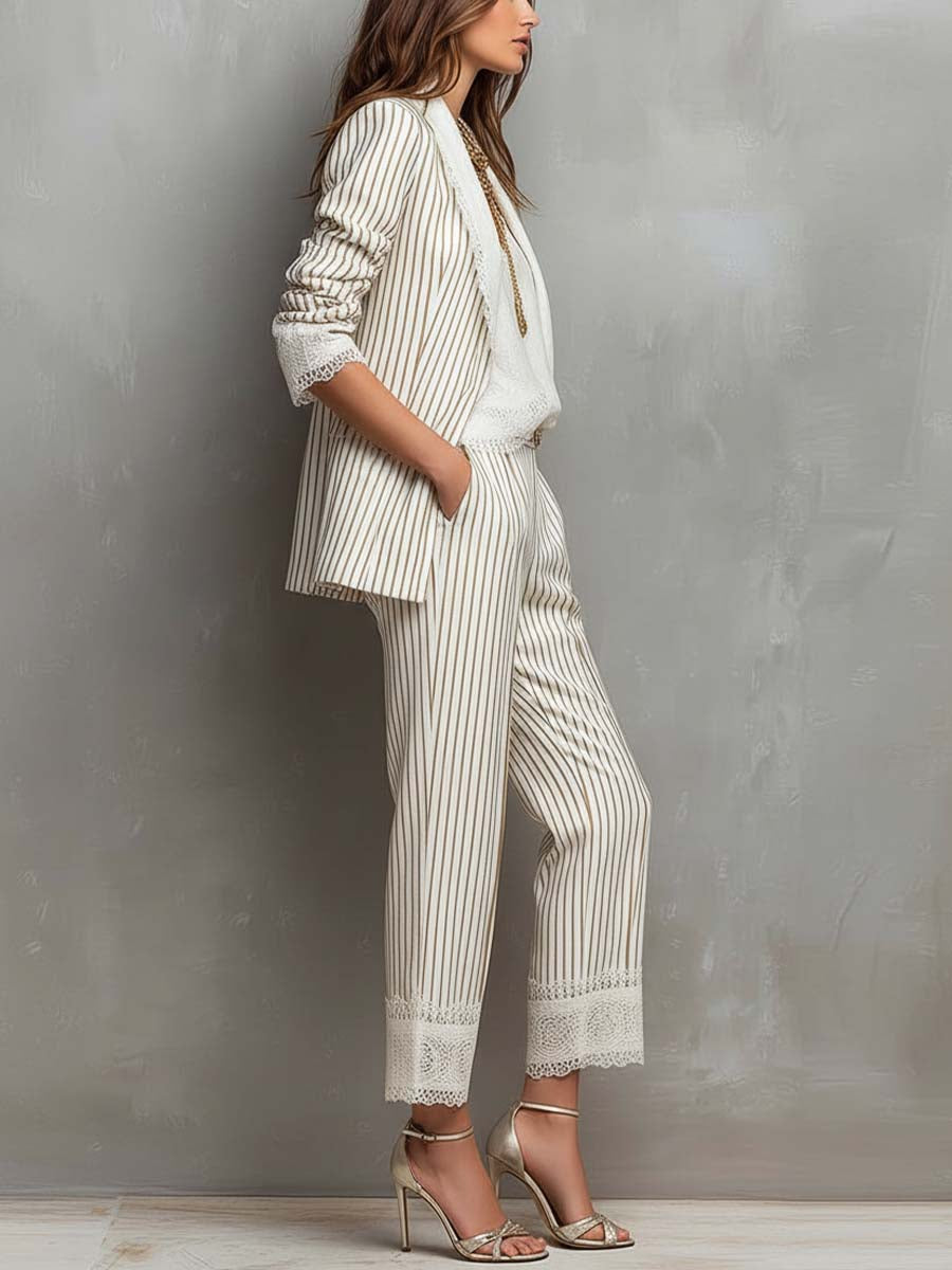 Vintage Striped Lace Cropped Trousers