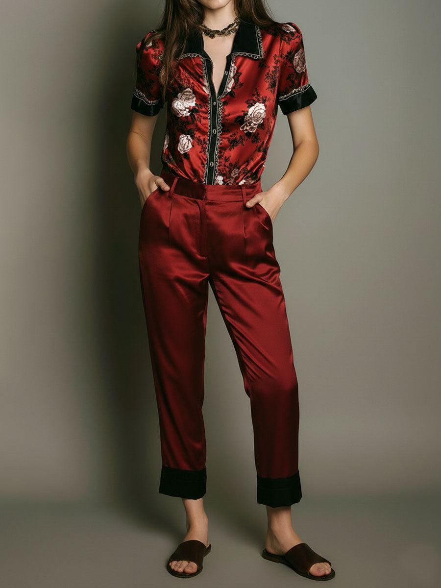 Retro Red Satin Floral Short-Sleeve Blouse & Cuffed Pants Set