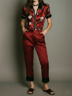 Retro Red Satin Floral Short-Sleeve Blouse & Cuffed Pants Set