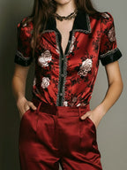 Retro Red Satin Floral Short-Sleeve Blouse & Cuffed Pants Set