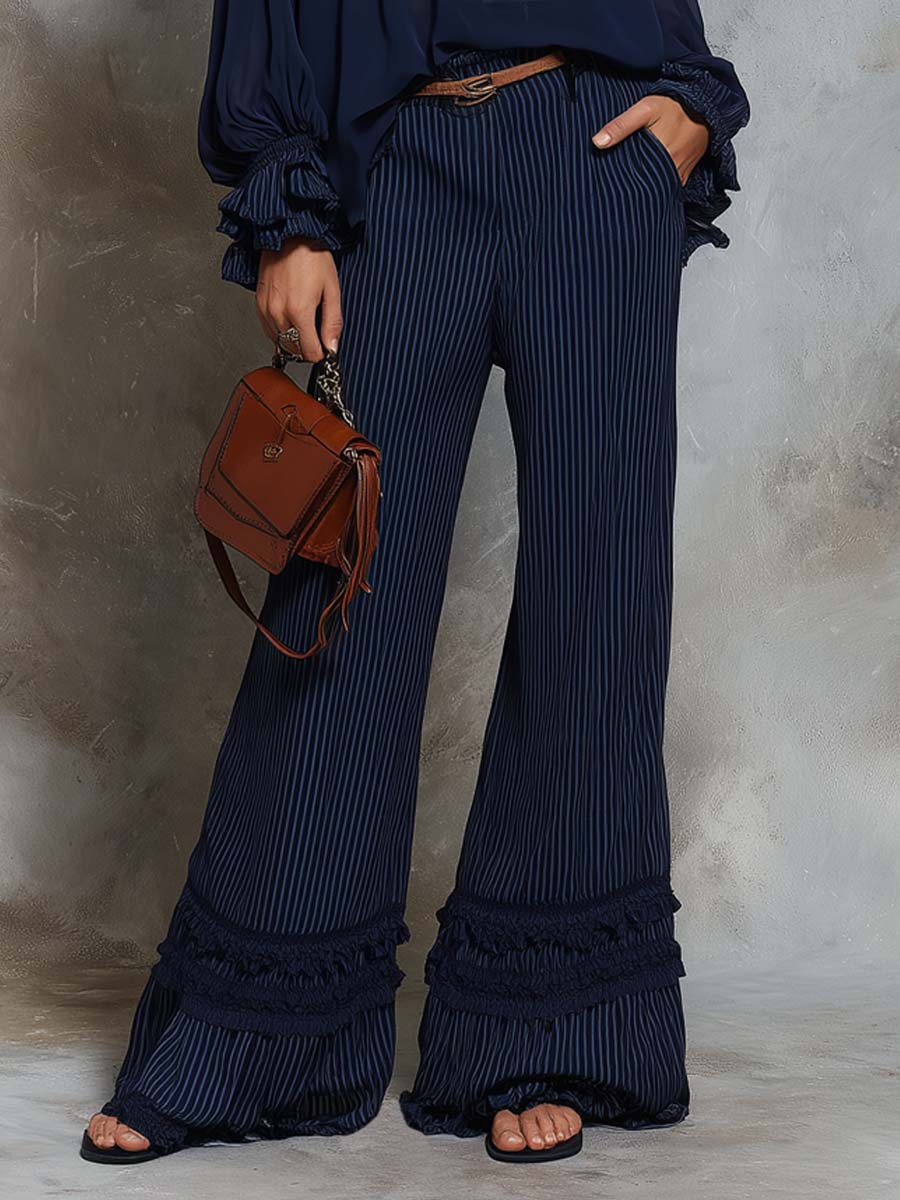 Retro Ruffle Trim Chiffon Shirt Striped Pants Two-piece Set