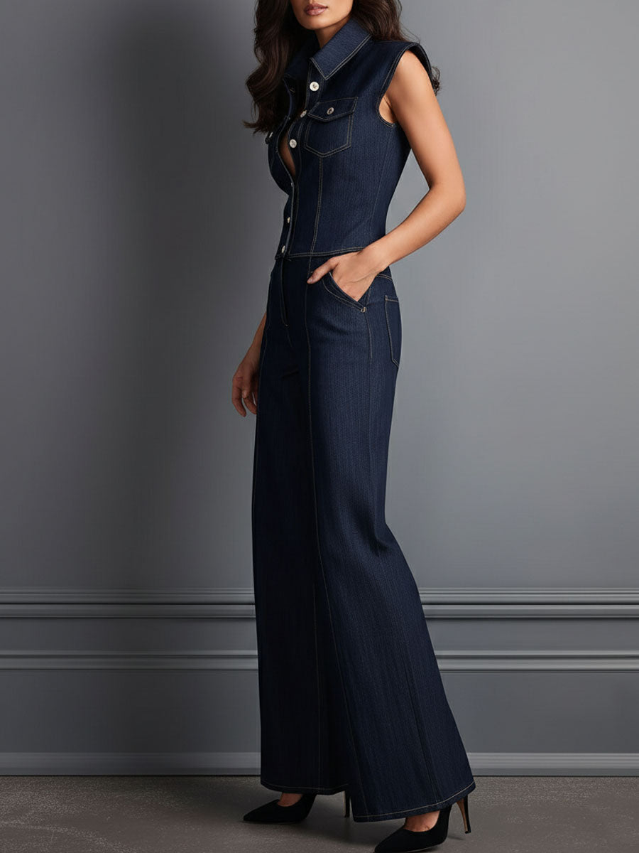 Retro Dark Indigo Denim Sleeve Shirt & Wide Leg Pants Set