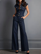 Retro Dark Indigo Denim Sleeve Shirt & Wide Leg Pants Set