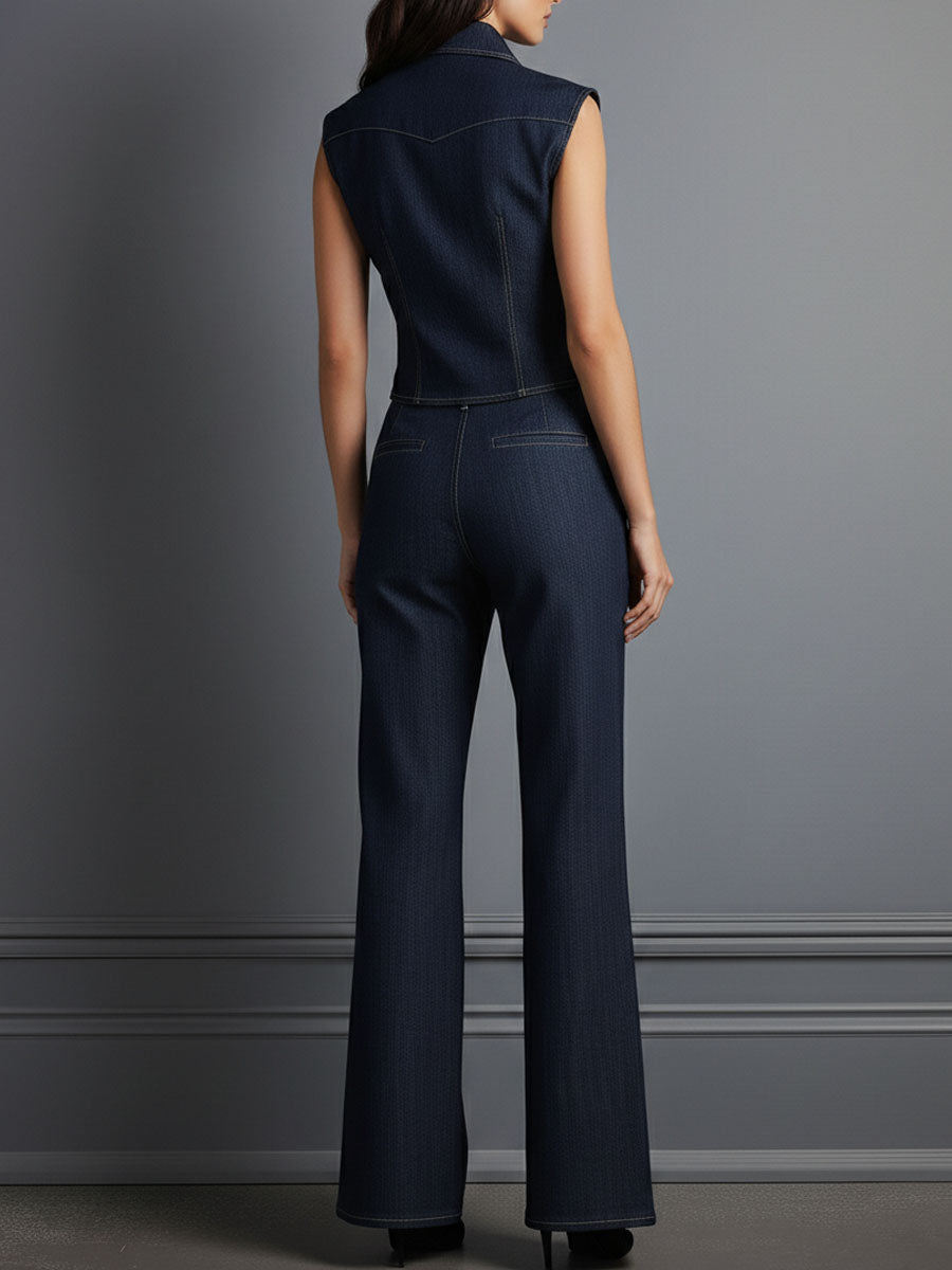 Retro Dark Indigo Denim Sleeve Shirt & Wide Leg Pants Set