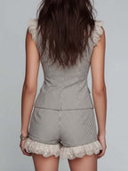 Pinstripe Tailored Vest & Shorts Set With Lace Trim
