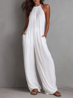Resort Style White Pleated Halter Wide-Leg One-Piece Jumpsuit
