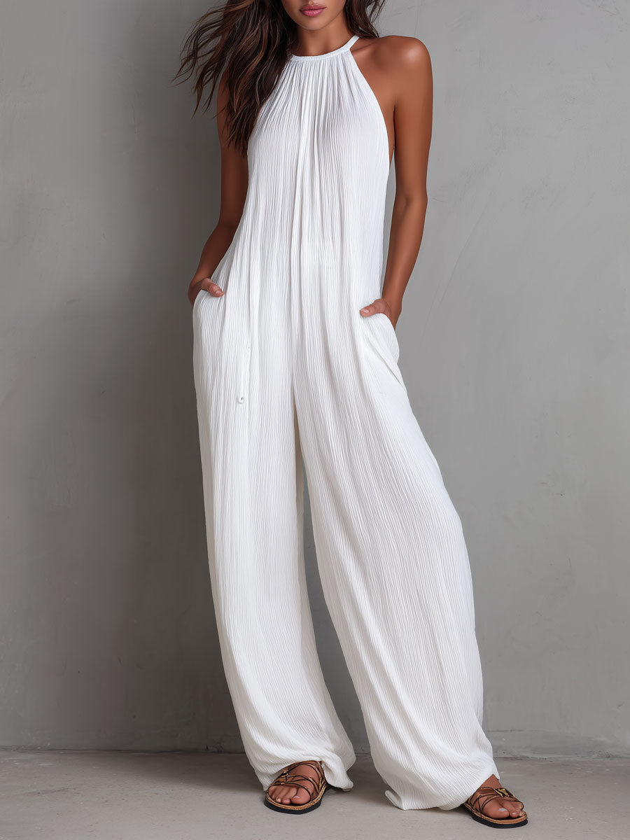 Resort Style White Pleated Halter Wide-Leg One-Piece Jumpsuit