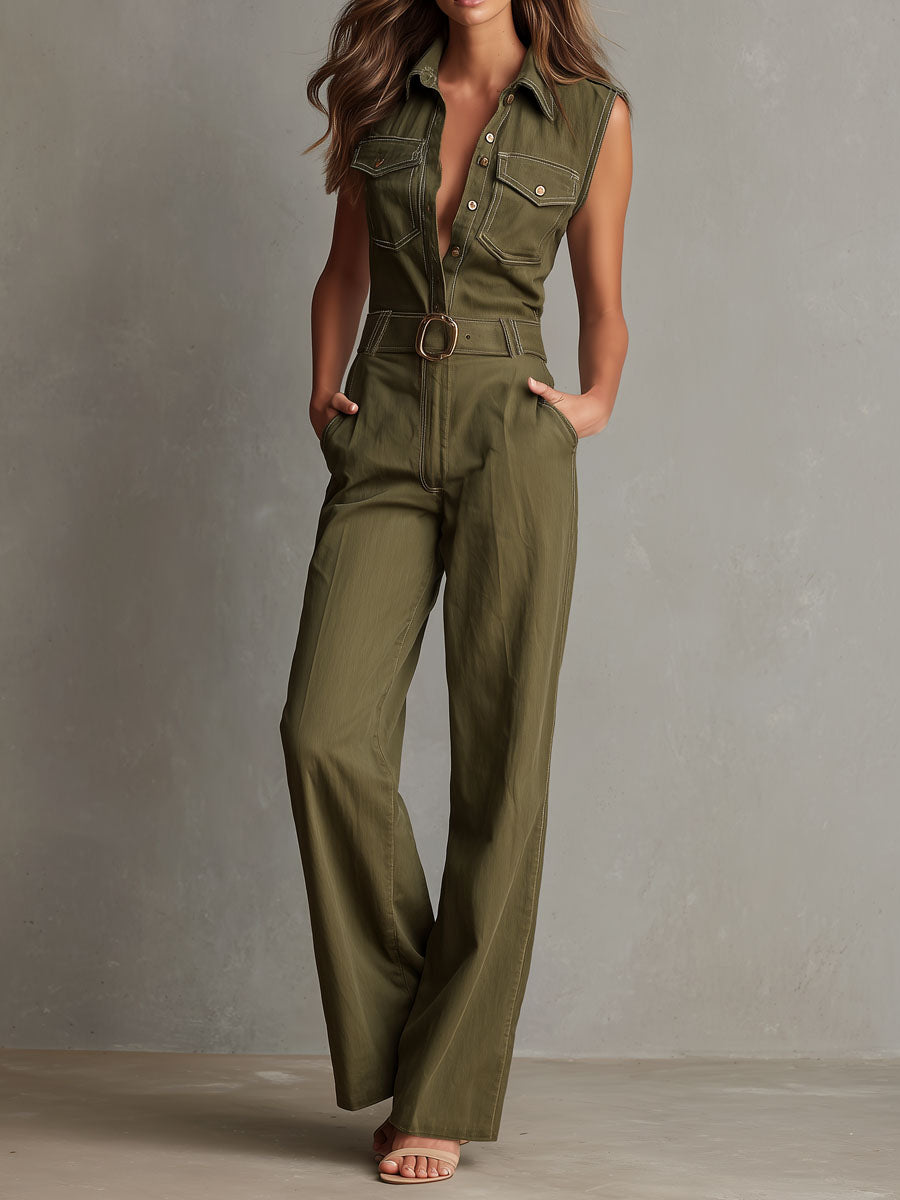 Casual Olive Utility Sleeveless Wide-Leg Belted Jumpsuit