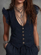 Boho Pinstripe Ruffle Vest & Shorts Set