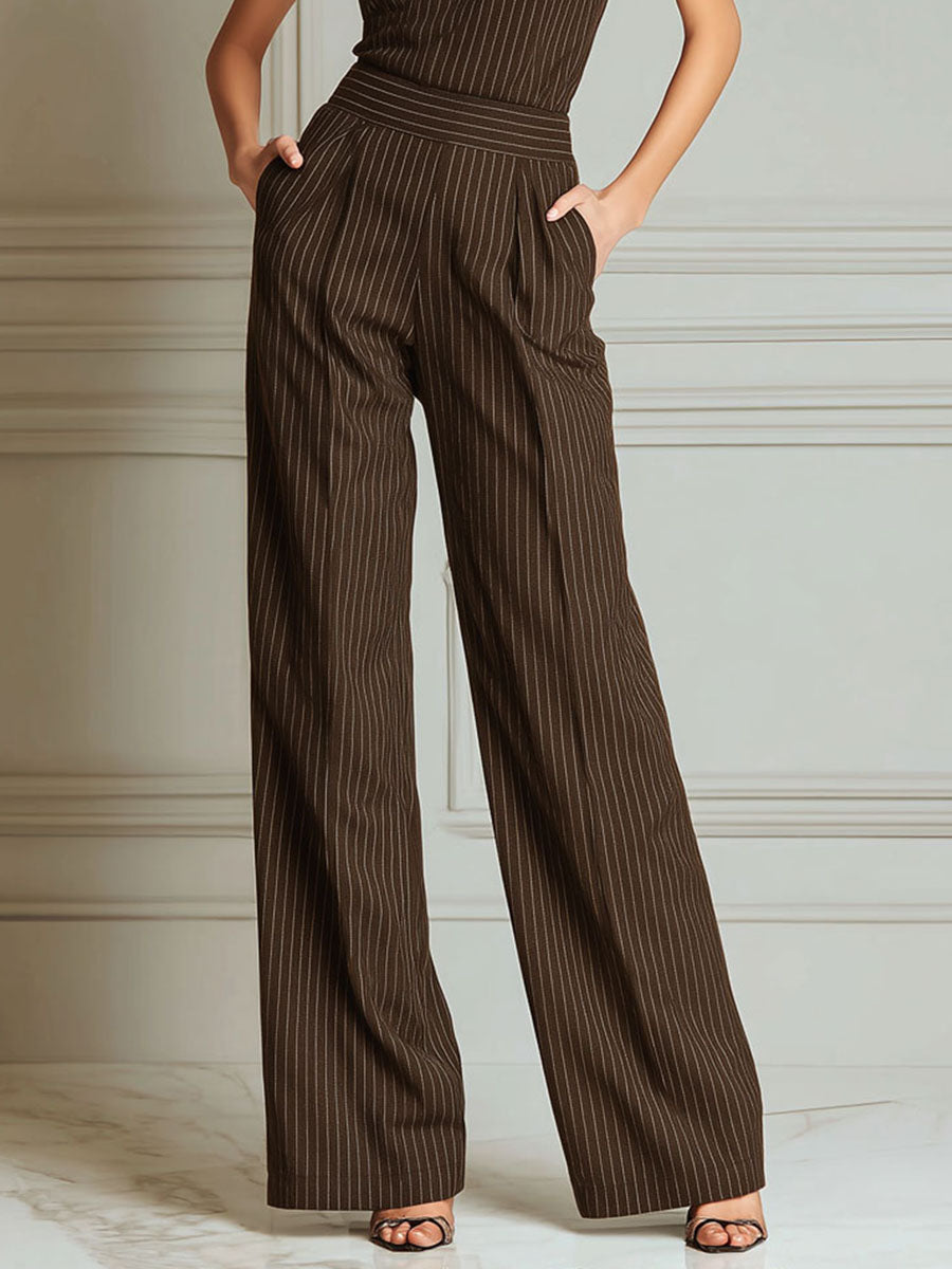 High Neck Chocolate Brown Pinstripe Halter Wide-Leg Jumpsuit