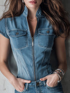 Vintage Washed Denim Short-sleeved Shirt & Shorts Set