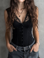 Romantic Black Lace Fitted Button-Front Ribbed Tank