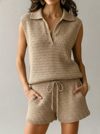 Boho Beige Knit Sleeveless Collared Top & Drawstring Shorts Set