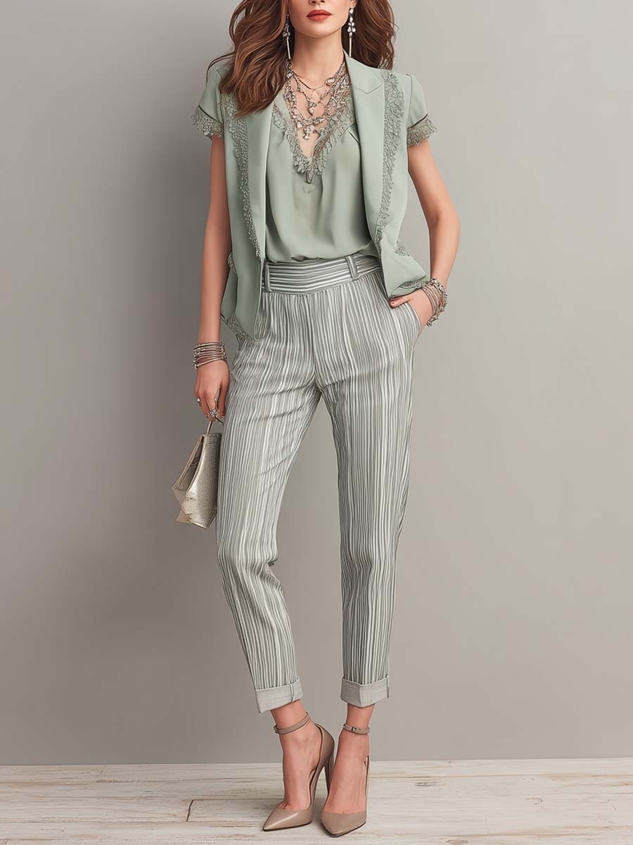 Retro Short-sleeved Blazer Stripe Pants Three-piece Set
