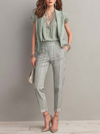 Retro Short-sleeved Blazer Stripe Pants Three-piece Set