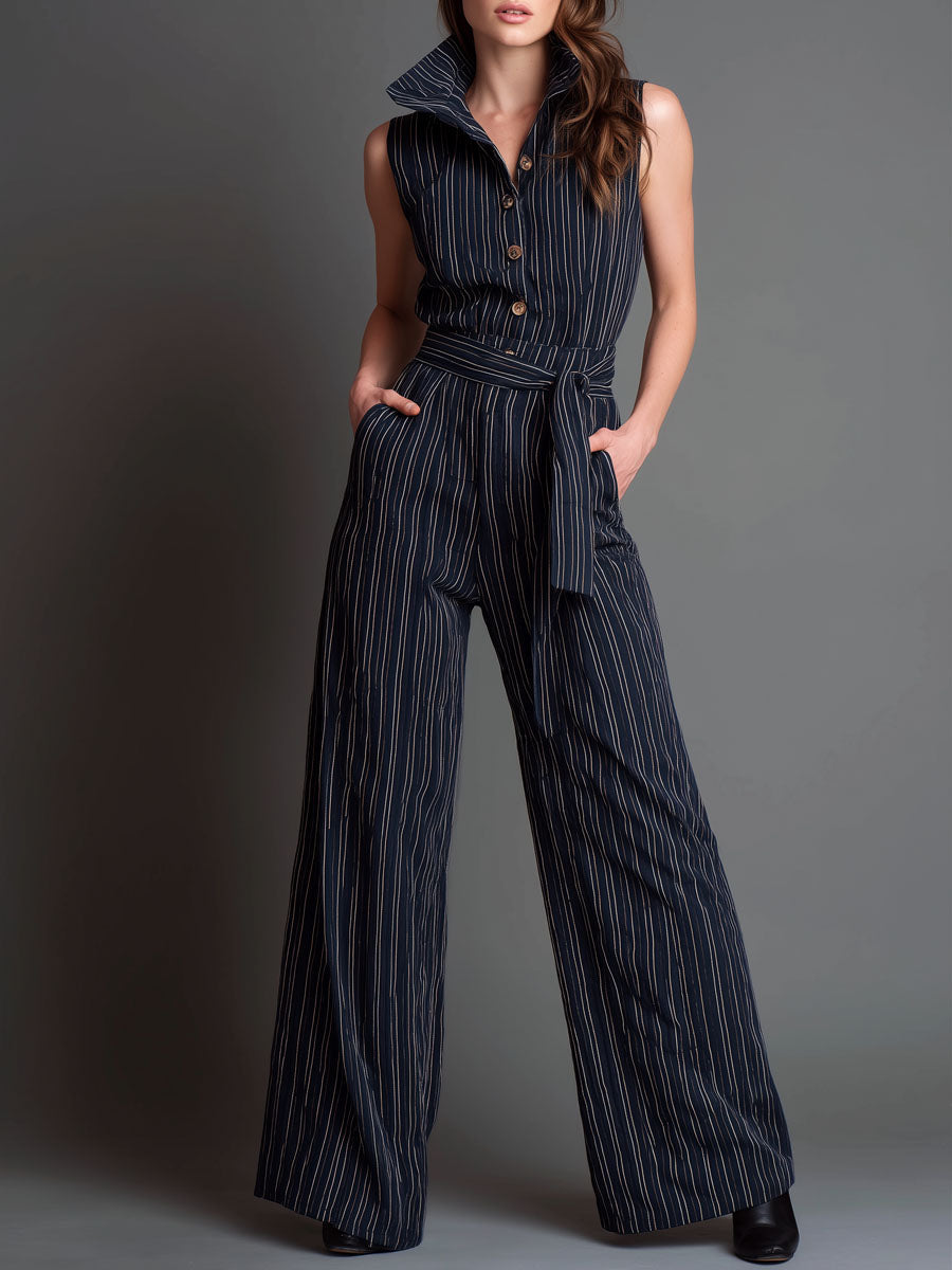 Retro Collared Navy Pinstripe Sleeveless Wide-Leg Jumpsuit