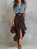 Retro Ruffled Contrast Color Two-piece Set