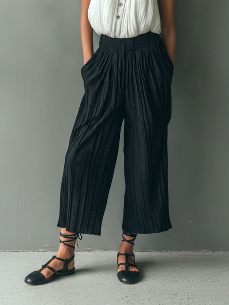 Chic Pleated Halter Blouse & Wide-Leg Contrast Pants Two-Piece Set