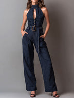 Retro Navy Pinstripe Halter Belted Jumpsuit With Wide-Leg