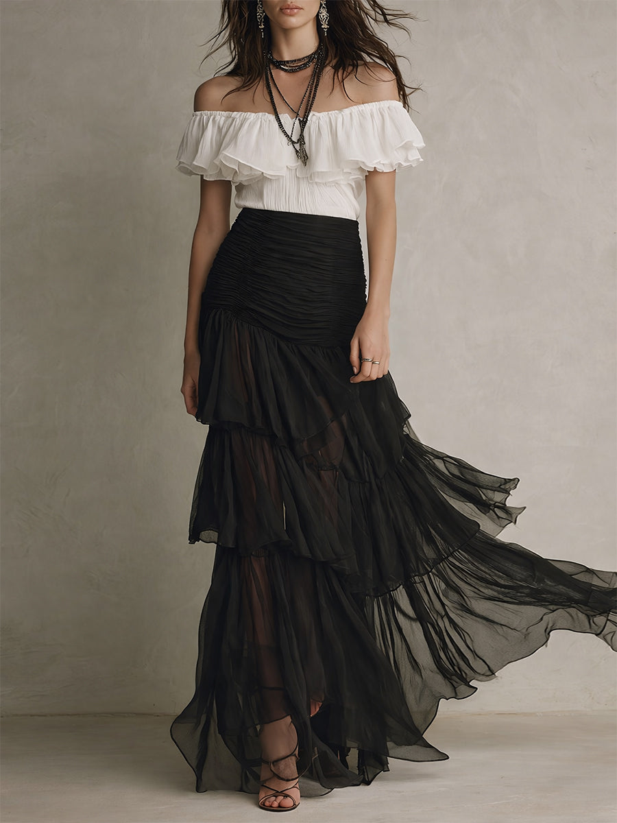 Vintage Off-the-shoulder Ruffle Blouse & Chiffon Long Skirt Set