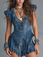 Bohemian Ruffle Denim Two-Piece Shorts Set
