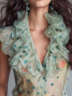 Vintage Boho Polka Dot Ruffled Sheer Blouse Top