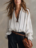 Retro Striped Chiffon Blouse And Pants Set