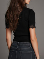 Retro Classic Knitted Slim-fit T-shirt With Lace Trim
