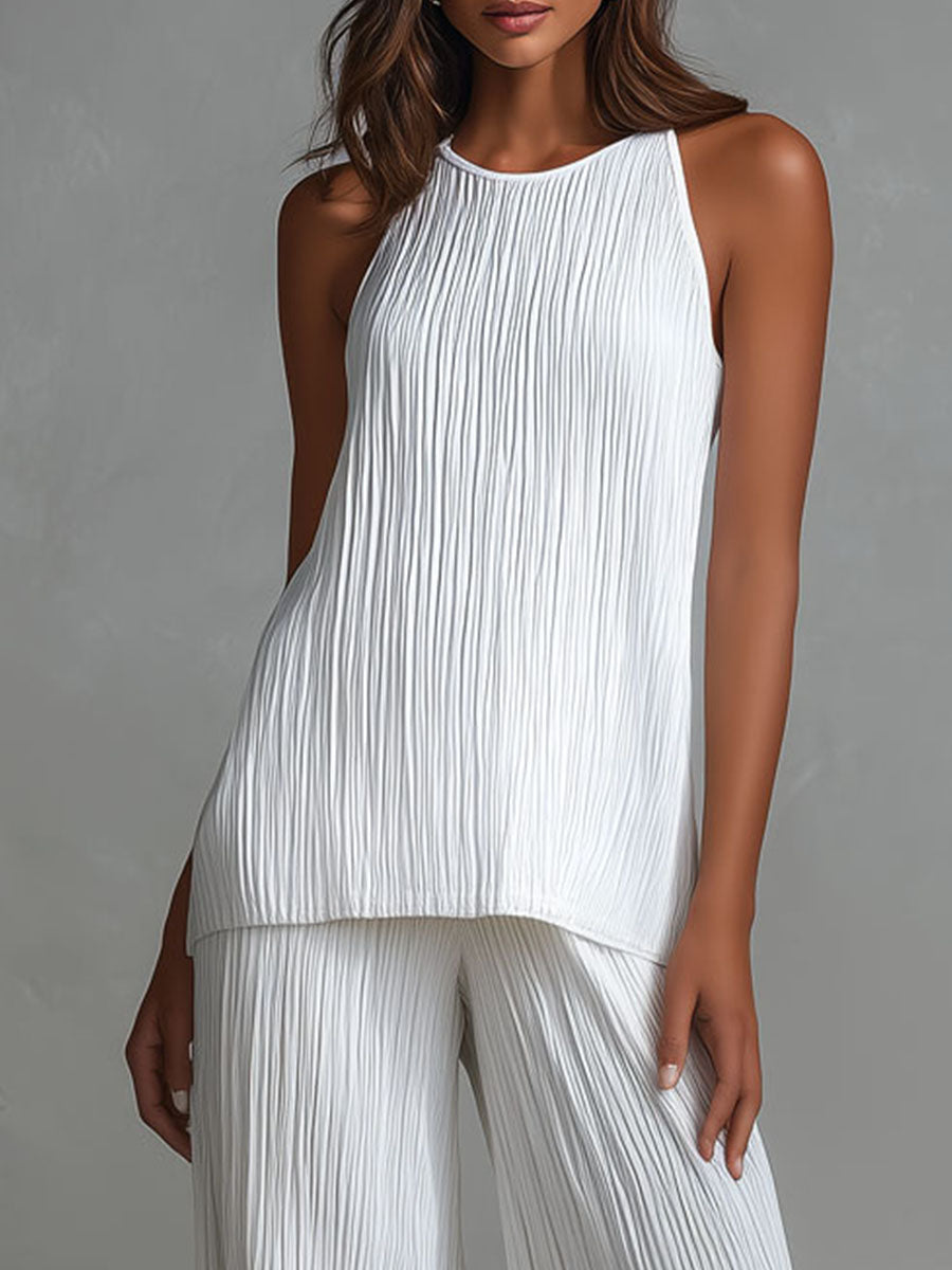 White Pleated Sleeveless Top & Wide-Leg Pants Set