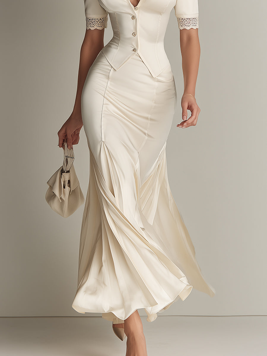 Elegant Satin Fitted Blouse With Lace Trim & Pleated Fishtail Skirt Set
