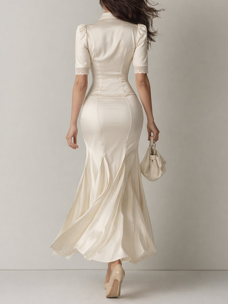 Elegant Satin Fitted Blouse With Lace Trim & Pleated Fishtail Skirt Set
