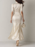 Elegant Satin Fitted Blouse With Lace Trim & Pleated Fishtail Skirt Set
