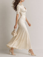 Elegant Satin Fitted Blouse With Lace Trim & Pleated Fishtail Skirt Set