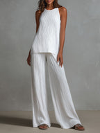 White Pleated Sleeveless Top & Wide-Leg Pants Set