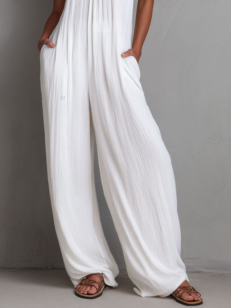 Resort Style White Pleated Halter Wide-Leg One-Piece Jumpsuit