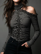 Classic High Neck Striped Cold-Shoulder Ruched Top
