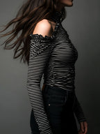 Classic High Neck Striped Cold-Shoulder Ruched Top