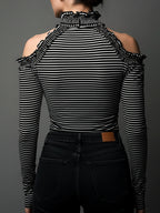 Classic High Neck Striped Cold-Shoulder Ruched Top