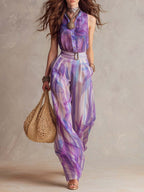 Bohemian Lilac Marble Print Sleeveless Top & Wide-Leg Pants Set