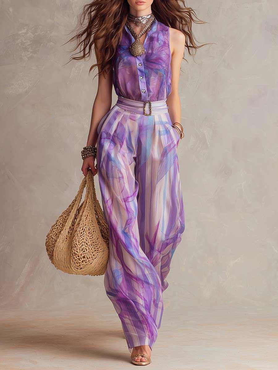 Bohemian Lilac Marble Print Sleeveless Top & Wide-Leg Pants Set