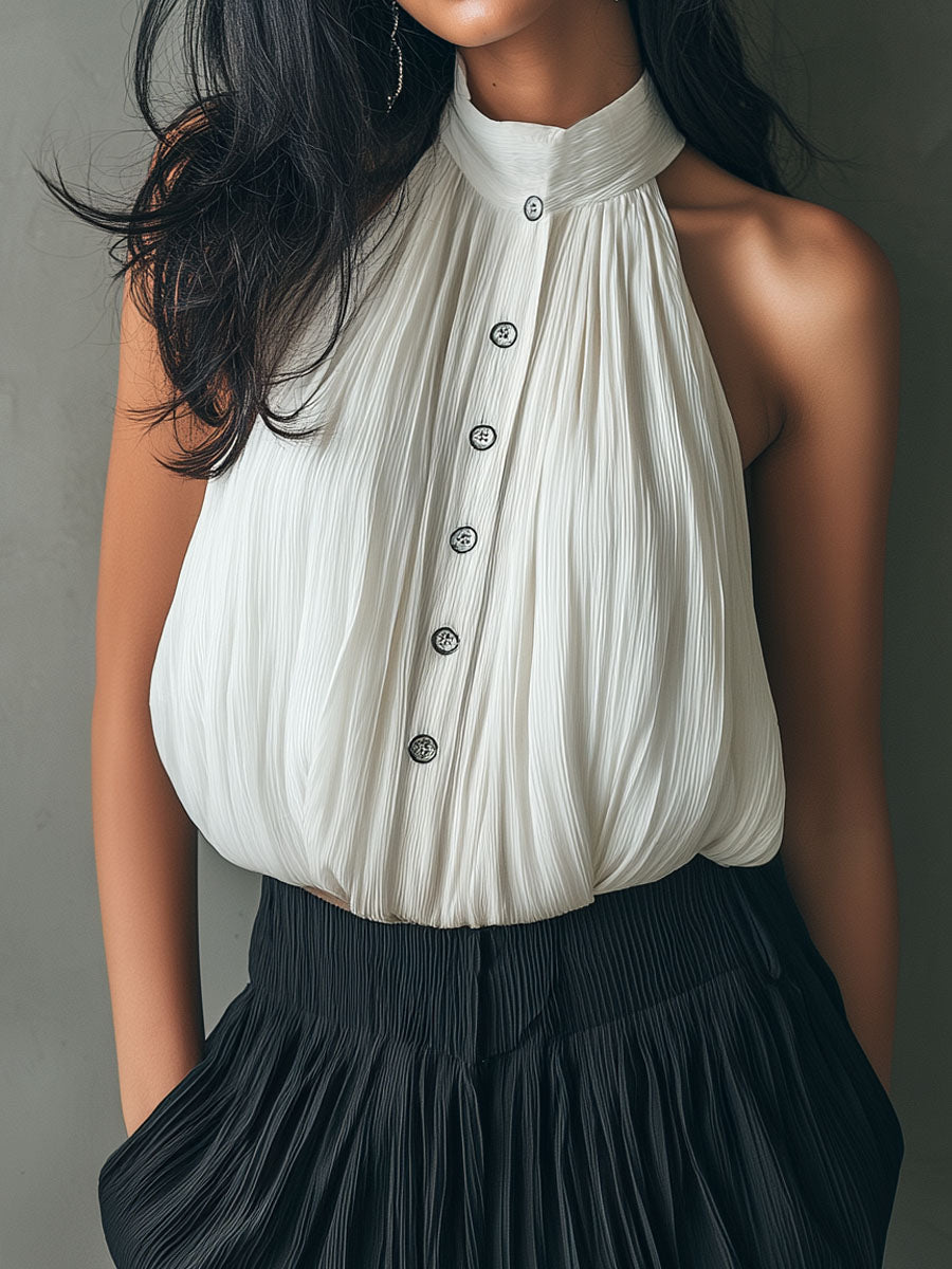 Chic Pleated Halter Blouse & Wide-Leg Contrast Pants Two-Piece Set