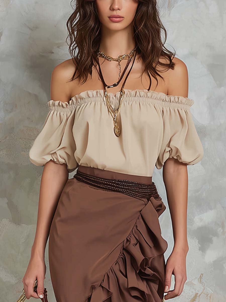 Retro Off-shoulder Ruffle Two-piece Set