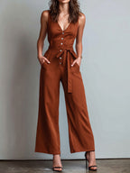 Chic Rust Sleeveless Button-Front Jumpsuit
