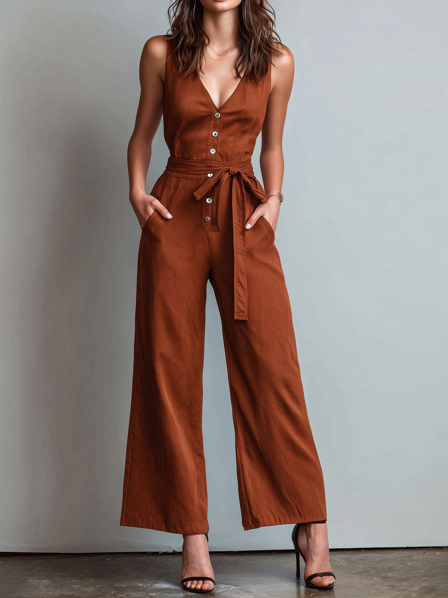 Chic Rust Sleeveless Button-Front Jumpsuit