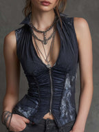 Vintage Boho Pinstripe Zip-Front Fitted Vest Top