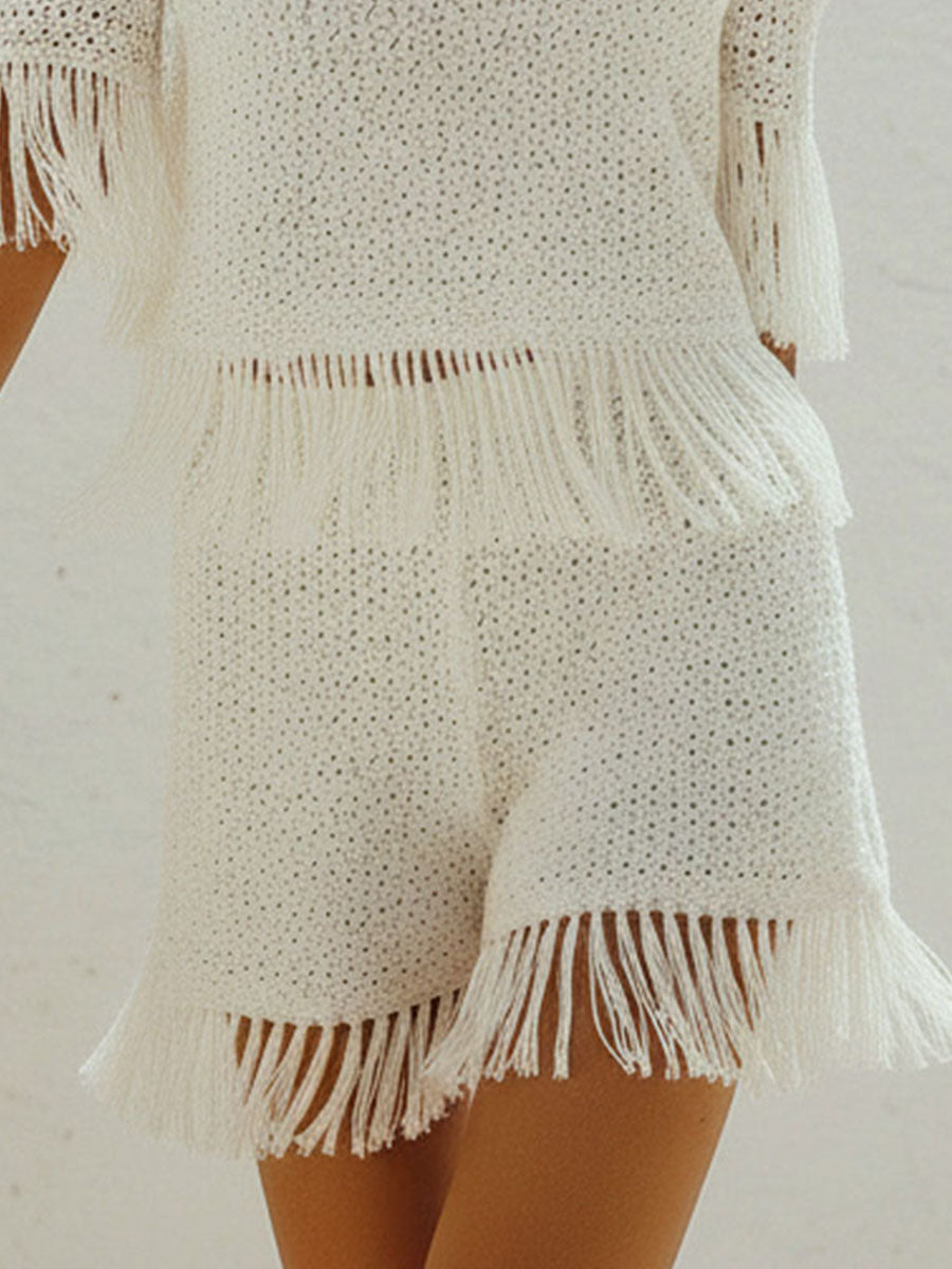 Casual White Cold Shoulder Crochet Fringe Top & Shorts Two-Piece Set