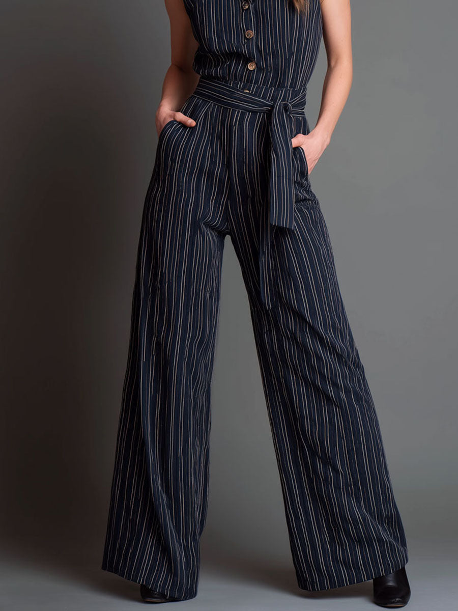 Retro Collared Navy Pinstripe Sleeveless Wide-Leg Jumpsuit