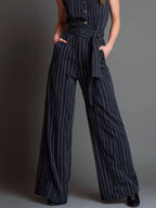 Retro Collared Navy Pinstripe Sleeveless Wide-Leg Jumpsuit
