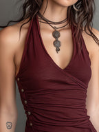 Retro Burgundy Halter Button-Side Ruched Top With Lace Hem