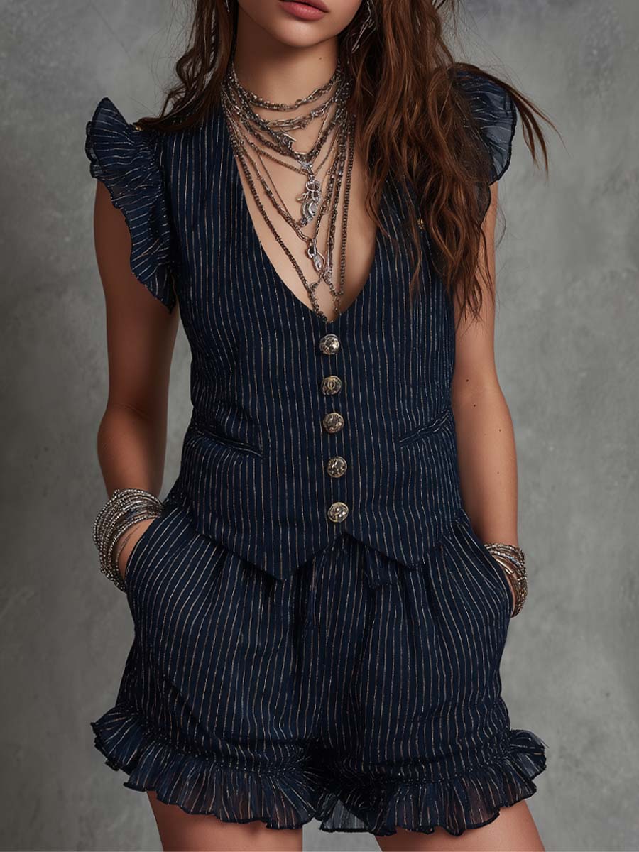 Boho Pinstripe Ruffle Vest & Shorts Set